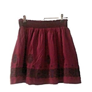 Urban Outfitters Ecote Skirt Womens Sz S Burgundy Black Embroidery Peasant
